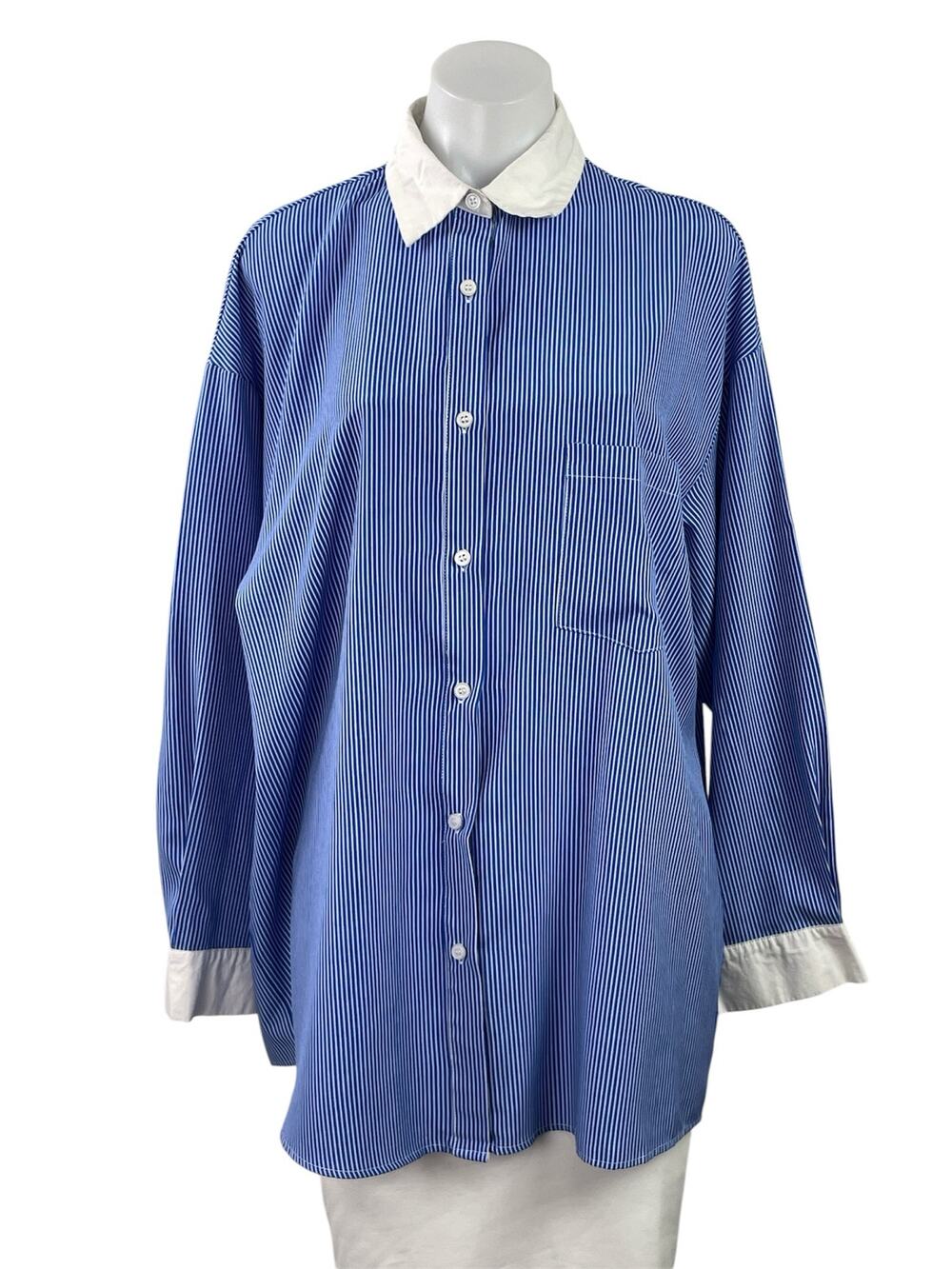Commense Women's Blue Striped Long Sleeve Pocket Button Down Shirt Top Size M